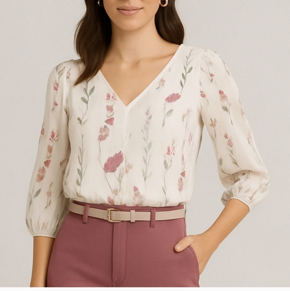 NEW Kaari Floral Rose Balloon Peach Sleeve Cream Flowy Green Top Medium